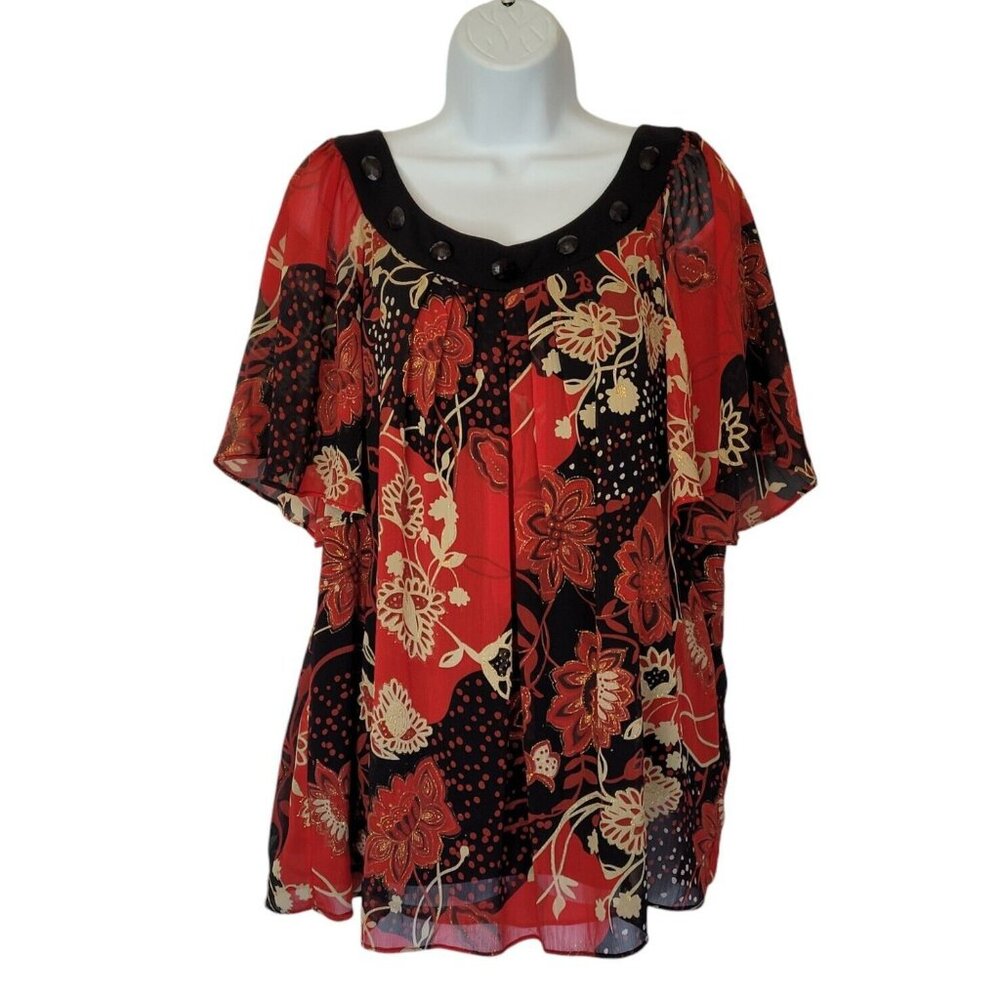 Le Bos Blouse 16W Red‎ Layered Embellished Glitter Sparkle Slimming